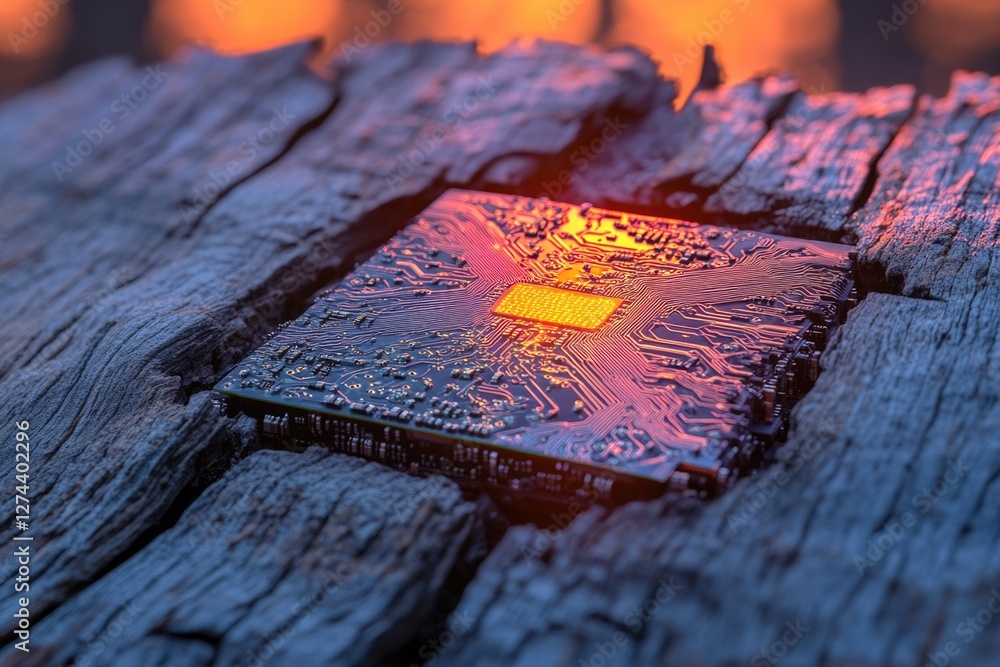 Poster a circuit board rests on weathered wood, illuminated with warm light, showcasing intricate circuitry