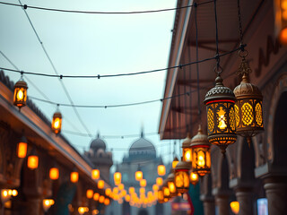 Obraz premium dreamscape islamic lenterns hanging on cable infront of mosque in ramadhan