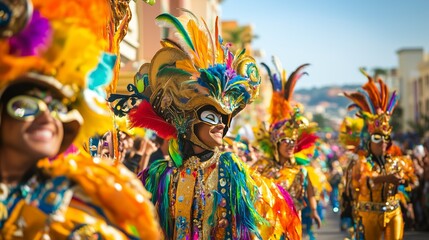 Fototapeta premium Lively street parade featuring participants in elaborate, colorful costumes and masks, celebrating cultural festivities with joy and excitement.