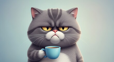 Cute gray cat holding a blue cup of coffee with a grumpy expression
