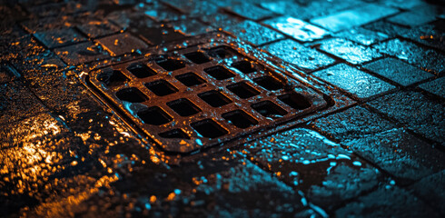 Close-up view of an open manhole cover on a rain-soaked street, illuminated by blue light, highlighting the reflections on the pavement