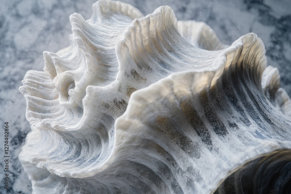 Poster close-up of a textured, wave-like, white object resembling a seashell or frozen wave.