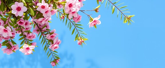pink flowers against blue sky