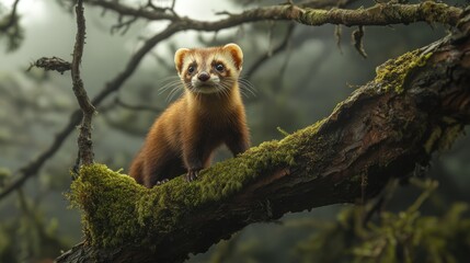 Fototapeta premium American Ferret (Mustela Nigripes) Exploring Green Moss and Tree Branches in a Natural Habitat