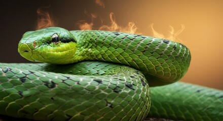 Obraz premium Close-up of a vibrant green snake coiled elegantly against a warm background