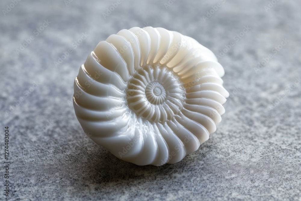 Poster close-up of a polished ammonite fossil showcasing its intricate spiral structure and pearly white co