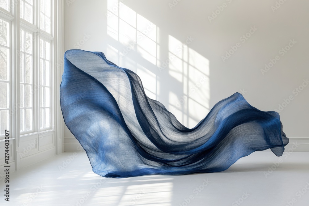 Aufkleber ethereal blue fabric floating in a bright white room with sunlight streaming through windows creatin