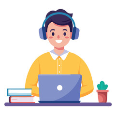 man in headphones, studying at laptop. Happy female student watching business webinar. Video conference call, remote work communication. Flat vector illustration isolated on white background
