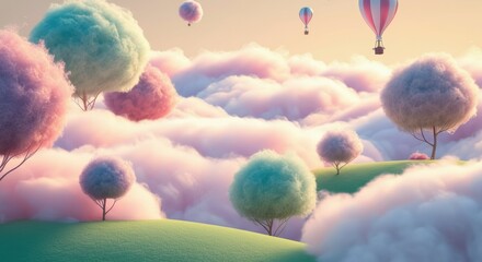 Colorful hot air balloons floating above fluffy pastel clouds and trees
