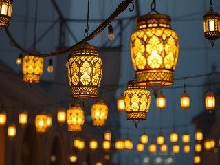 dreamscape islamic lenterns hanging on cable infront of mosque in ramadhan