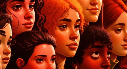 Diverse group of women with unique features and hairstyles in vibrant colors