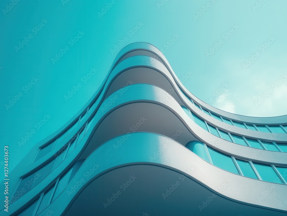 Poster modern architecture with curved balconies against a vibrant turquoise sky creating an abstract persp