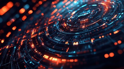 Futuristic tech abstract circular pattern with neon lights and digital circuitry