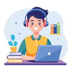 man in headphones, studying at laptop. Happy female student watching business webinar. Video conference call, remote work communication. Flat vector illustration isolated on white background