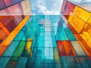 Fototapeta premium Colorful glass facade of modern architecture building with blue sky and clouds reflecting light and shadow