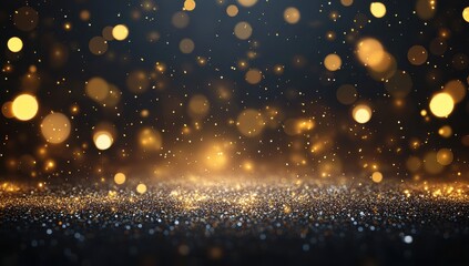 Obraz premium Shimmering Golden Bokeh Lights and Glittering Particles Floating in a Dark Background Creating a Magical and Dreamy Atmosphere for Celebrations and Events