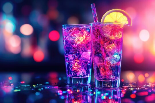 Vibrant Neon Cocktail with Blurred Background for Refreshing Party Vibes