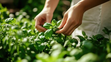 Woman Harvesting Fresh Herbs from Garden: A Culinary Journey of Aroma and Nourishment