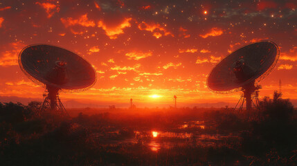 satellite dishes standing against the sunset. The bright orange and red sky envelops the antennas, creating a dramatic atmosphere. 