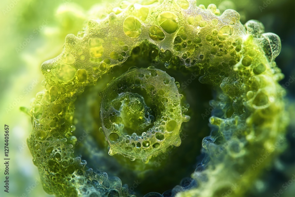 Poster abstract green spiral structure with porous texture, resembling a microscopic organism or cellular p