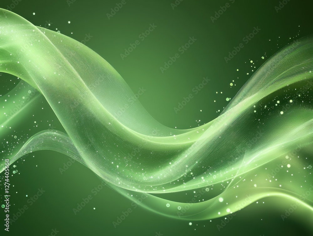 Aufkleber serene green abstract waves with sparkling light particles motion background in digital art style