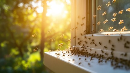 Swarm of insects gathering near window at sunset.