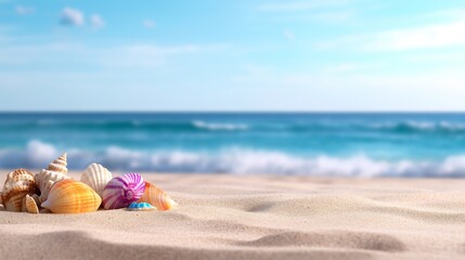 Obraz premium scattered seashells on sandy beach, soft natural ocean view