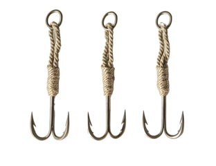 Three sharp fish hooks hanging from rope on white background.PNG