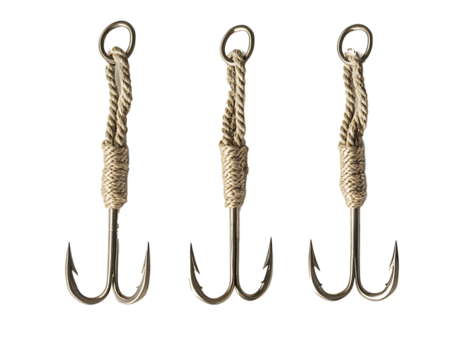 Three sharp fish hooks hanging from rope on white background.PNG