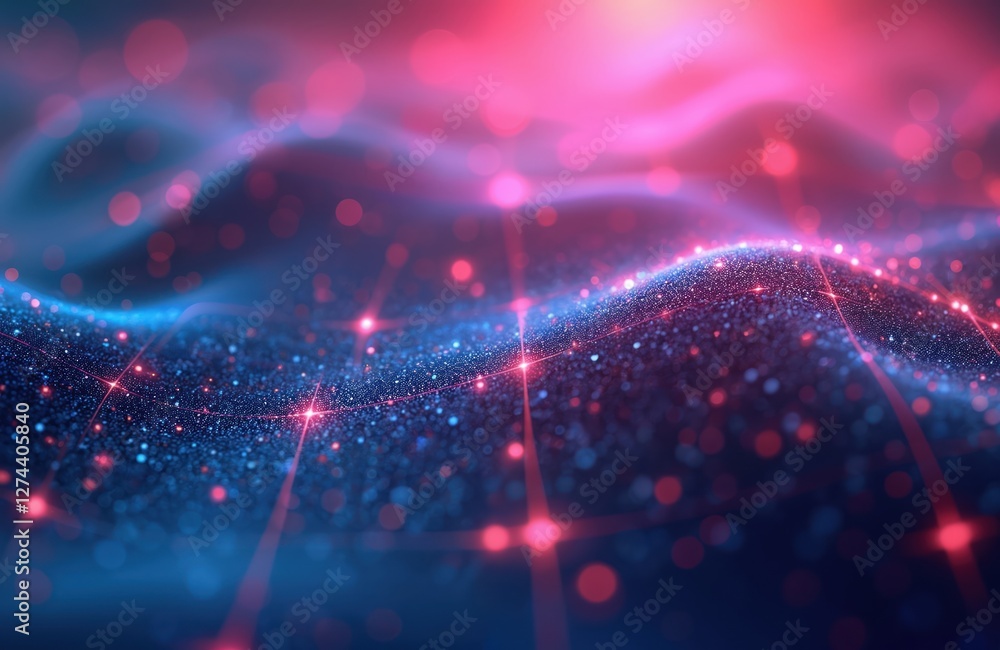 Poster abstract futuristic background with pink, blue glowing neon wave lines and bokeh lights. data transf