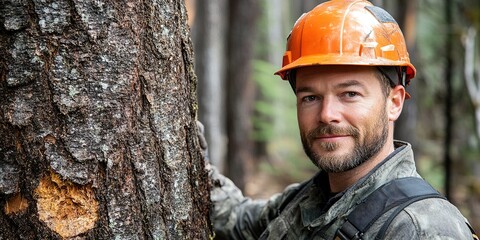 Tree worker inspects bark while wearing an orange safety helmet in a forested area during daytime