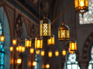 Obraz premium dreamscape islamic lenterns hanging on cable infront of mosque in ramadhan