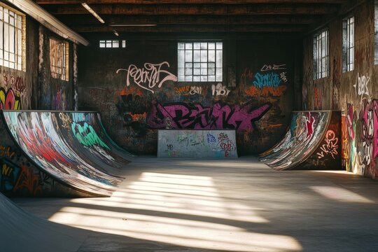 Indoor skatepark featuring graffiti walls and half pipe for urban skateboarding photography