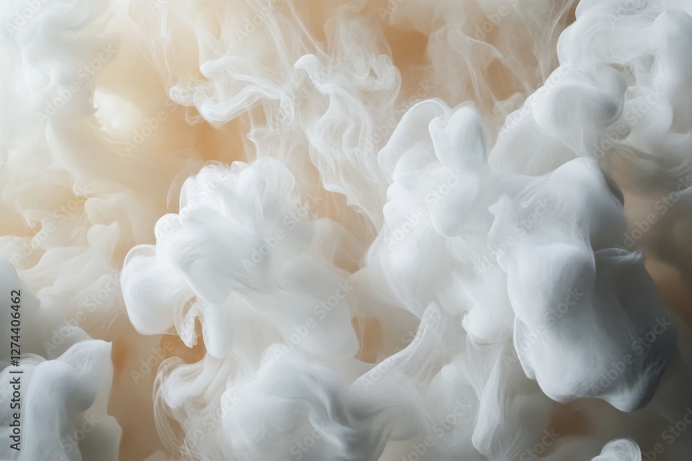Aufkleber close up 3d render of abstract smoke waves in white and beige colors with depth of field effect