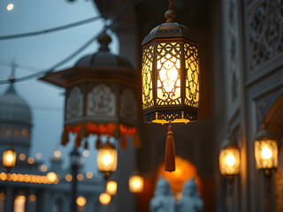 Obraz premium dreamscape islamic lenterns hanging on cable infront of mosque in ramadhan