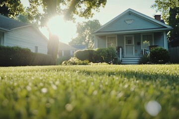 Stunning close up of lush green grass in front yard with house and bright sun flare