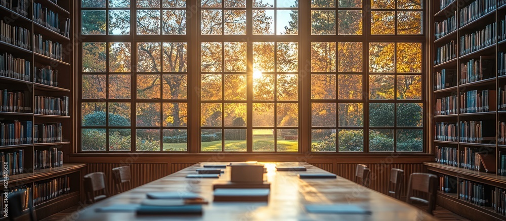 Poster sunlit library with large window overlooking autumnal landscape.
