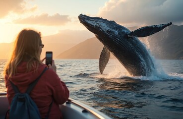 Woman photographs majestic whale jumping out blue sea water. Humpback whale breaching surface, splash water. Tourist watching marine animal from boat on ocean adventure vacation, sunrise sky.