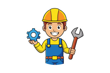 A cartoon of a construction worker wearing a yellow hard hat vector art illustration.eps