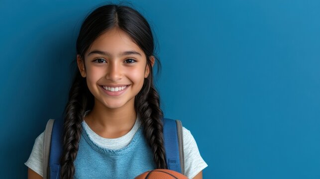 Radiant schoolgirl smiles against a vibrant blue backdrop holding a basketball with braided hair and backpack ready for class