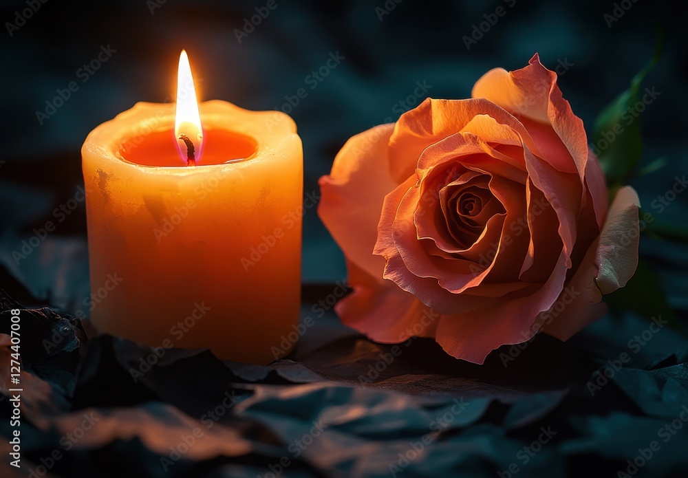 Poster soft glow of a candle beside a delicate rose on dark textured background creating an intimate and ro