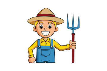 A cartoon of a farmer wearing a straw hat and holding a pitchfork vector art illustration.eps