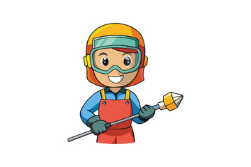 A cartoon of a female welder wearing a protective mask and gloves and holding a welding torch vector art illustration.eps