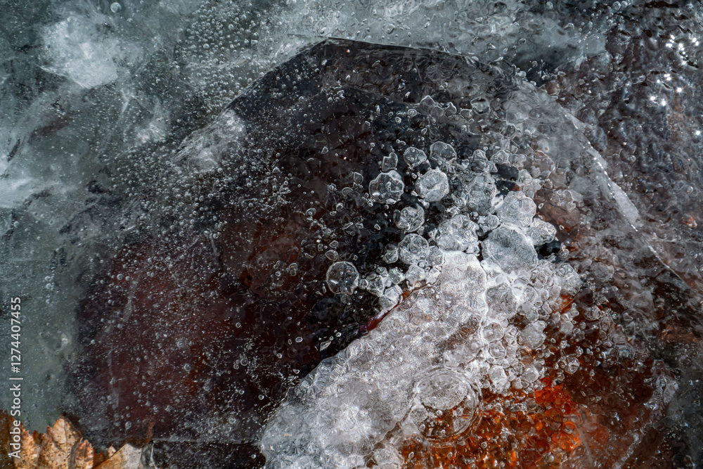 Aufkleber ice texture with cracks, bubbles and frozen leaves for computer graphics, texturing, compositing or 