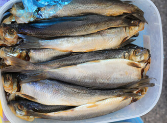 many raw fish preserved in salt in the plastic tray for sale at the stall