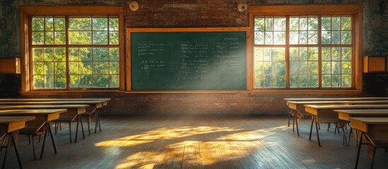 Fototapeta premium Empty classroom with sunlight streaming through large windows. (1)