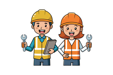 A cartoon of a male and female factory worker vector art illustration.eps