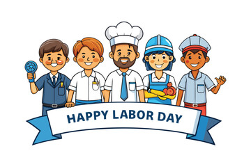 A cartoon of a group of diverse workers standing together holding a large banner that reads 'Happy Labor Day! vector art illustration.eps