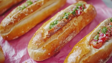 Freshly Baked Banh Mi Sandwiches with Vibrant Toppings on Pink Paper Captivating Food Photography Close Up Shot Delicious