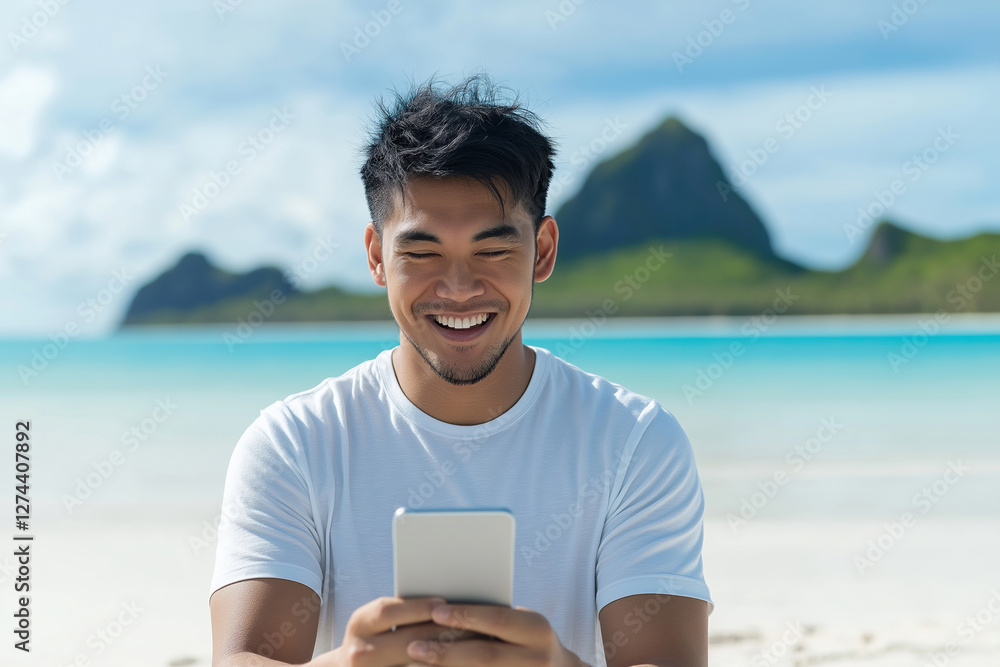Poster smiling man enjoying a sunny day at the beach while using his smartphone